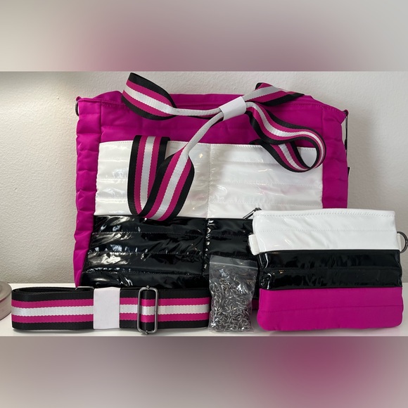 THINK ROYLN Hot Pink and black Bag with matching makeup bag with chain and strap - Picture 1 of 10
